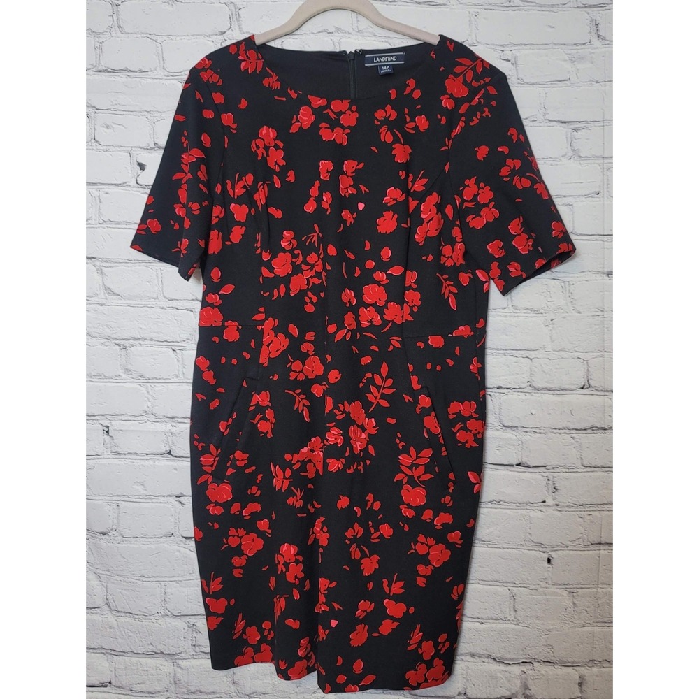 Lands End Womens 14P Black Red Floral Sheath Dress Short Sleeve Pockets Petite